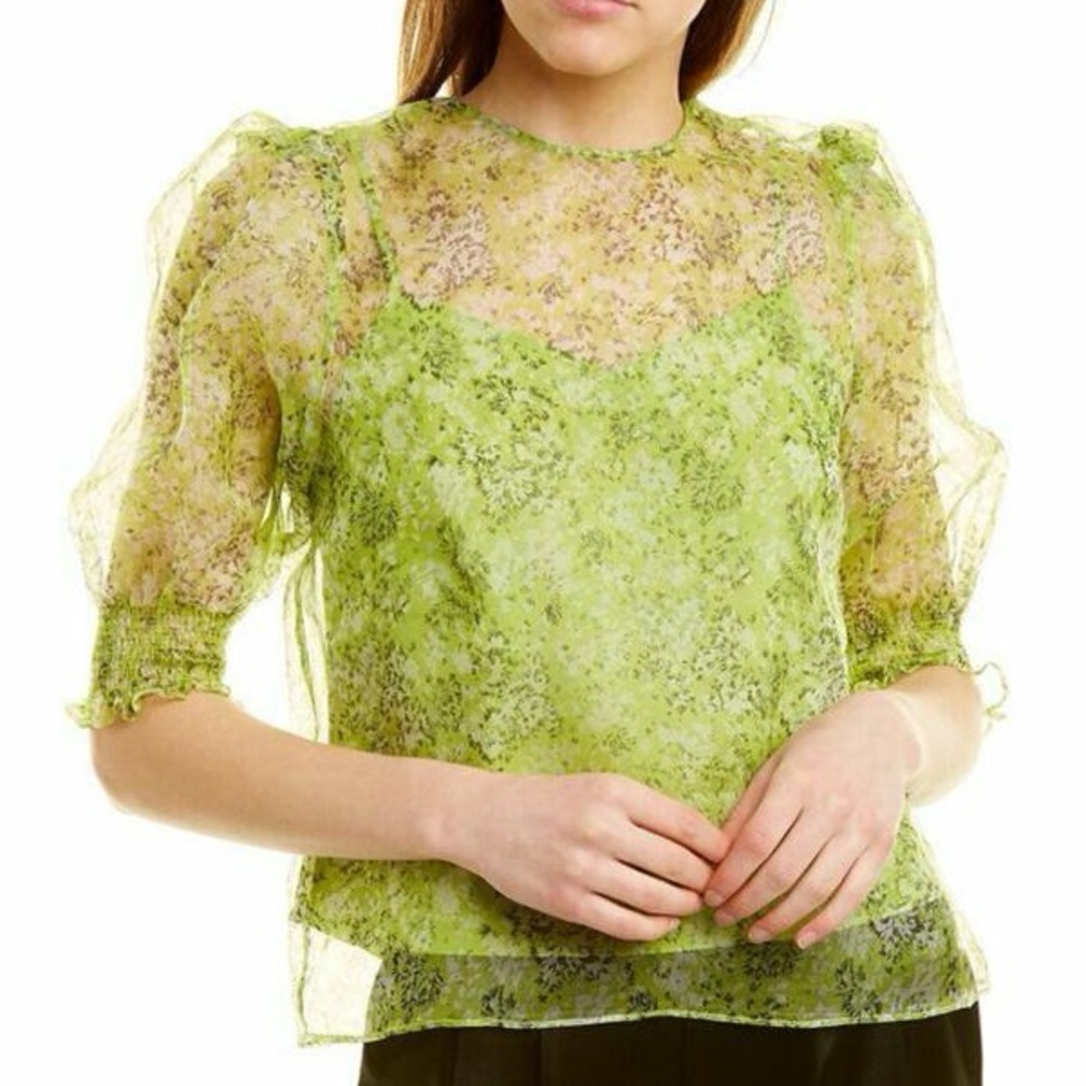 Cinq a Sept Dandelion Katerina Puff Sleeve Top in Matcha - Picture 1 of 11